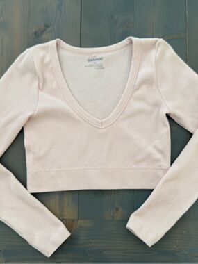 Garage Light Pink Ribbed V-Neck Long Sleeve Crop Top Size L